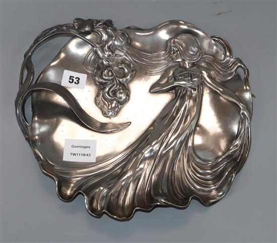 A WMF Art Nouveau pewter tray, no. 290, decorated with a maiden length 33cm